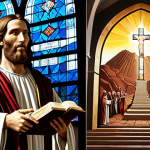 **

A split image. On the left, Moses receiving the Ten Commandments on Mount Sinai. On the right, a modern church with a stained-glass window depicting Jesus. The light should be symbolic, shining brighter on the church side, but originating from the tablets on the Sinai side. Style: A blend of classical painting and modern digital art.

**