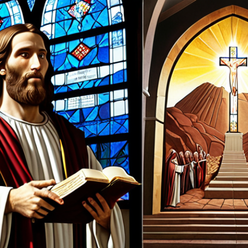 **

A split image. On the left, Moses receiving the Ten Commandments on Mount Sinai. On the right, a modern church with a stained-glass window depicting Jesus. The light should be symbolic, shining brighter on the church side, but originating from the tablets on the Sinai side. Style: A blend of classical painting and modern digital art.

**