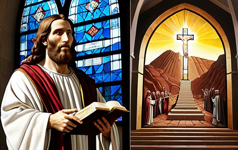 **
A split image. On the left, Moses receiving the Ten Commandments on Mount Sinai. On the right, a modern church with a stained-glass window depicting Jesus. The light should be symbolic, shining brighter on the church side, but originating from the tablets on the Sinai side. Style: A blend of classical painting and modern digital art.
**