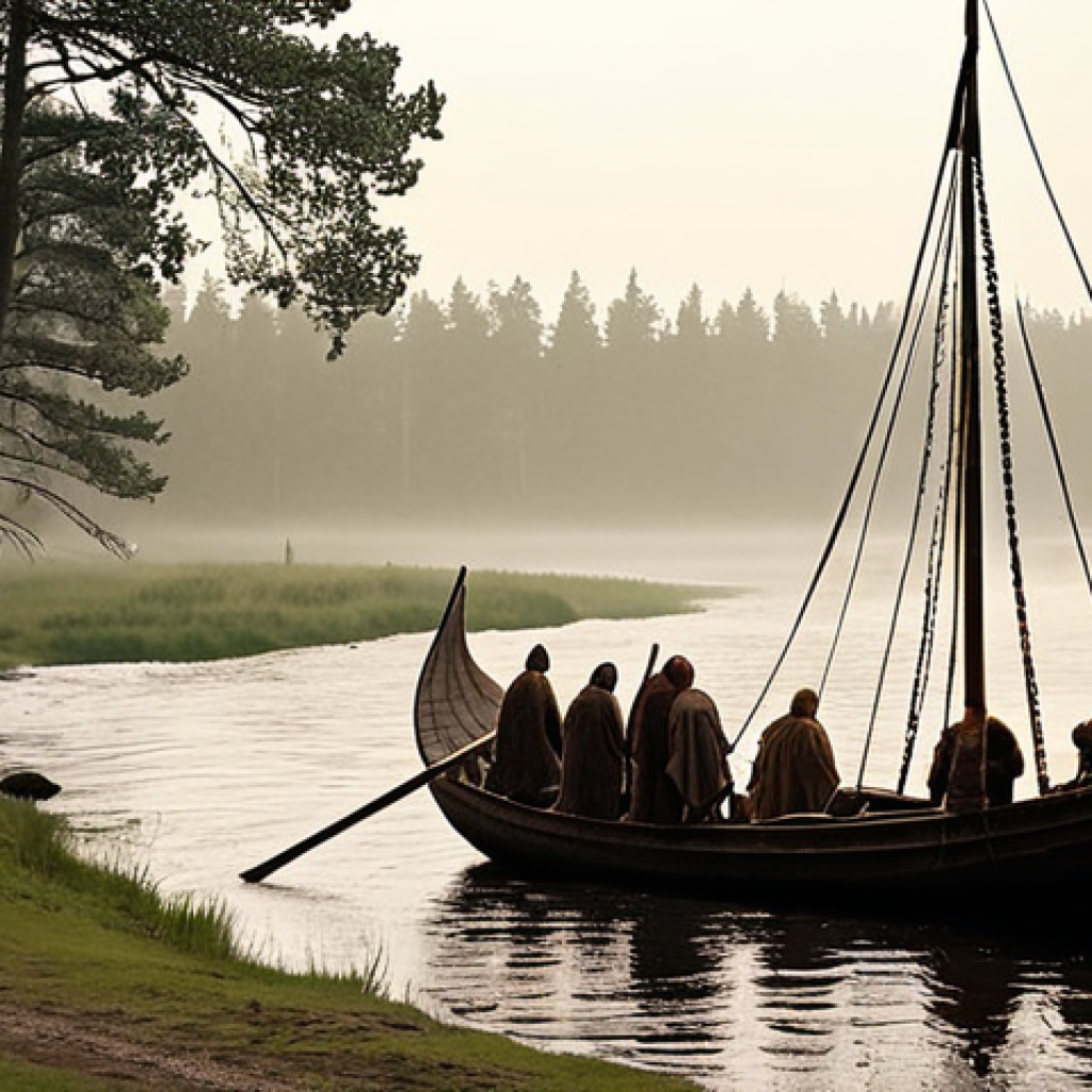 **Ansgar's Arrival in Birka:** A serene, slightly misty landscape of Birka, Sweden in the 9th century. Depict a Viking longship approaching the shore, with a small group of Christian missionaries, including Ansgar, disembarking. Include a mix of curious and wary Viking villagers observing from a distance.