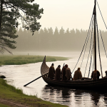 **Ansgar's Arrival in Birka:** A serene, slightly misty landscape of Birka, Sweden in the 9th century. Depict a Viking longship approaching the shore, with a small group of Christian missionaries, including Ansgar, disembarking. Include a mix of curious and wary Viking villagers observing from a distance.