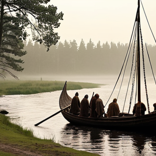 **Ansgar's Arrival in Birka:** A serene, slightly misty landscape of Birka, Sweden in the 9th century. Depict a Viking longship approaching the shore, with a small group of Christian missionaries, including Ansgar, disembarking. Include a mix of curious and wary Viking villagers observing from a distance.
