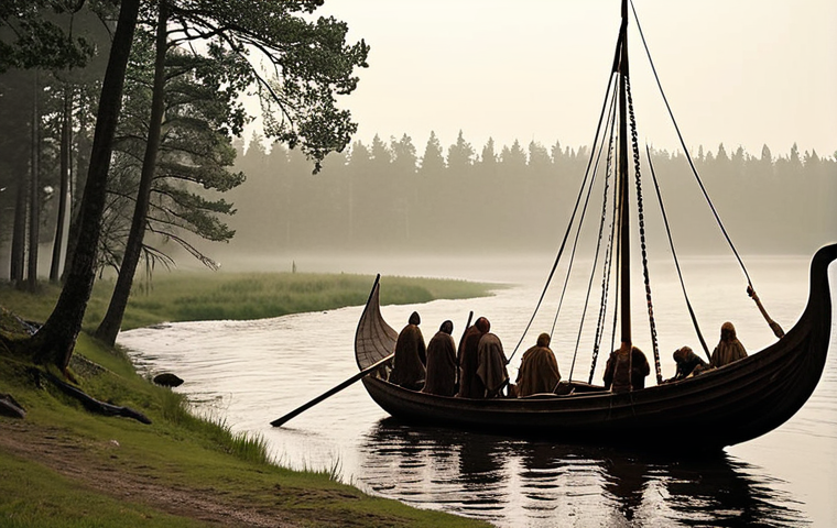 **Ansgar's Arrival in Birka:** A serene, slightly misty landscape of Birka, Sweden in the 9th century. Depict a Viking longship approaching the shore, with a small group of Christian missionaries, including Ansgar, disembarking. Include a mix of curious and wary Viking villagers observing from a distance.