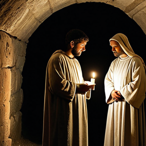 A group of early Christians in a dimly lit catacomb, gathered for a clandestine worship service. They are fully clothed in modest, simple tunics and robes, appropriate attire for the ancient Roman era. Soft candlelight illuminates their faces, showing expressions of quiet reverence and deep faith. The subterranean walls behind them show faint, early Christian symbols. The overall scene is solemn and respectful, safe for work, appropriate content, family-friendly. Perfect anatomy, correct proportions, natural pose, well-formed hands, proper finger count, natural body proportions, professional photography, high quality.