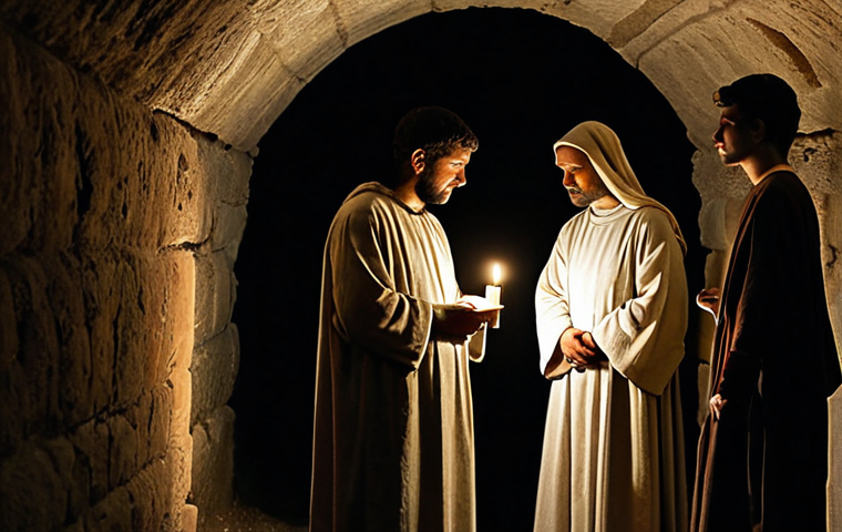 A group of early Christians in a dimly lit catacomb, gathered for a clandestine worship service. They are fully clothed in modest, simple tunics and robes, appropriate attire for the ancient Roman era. Soft candlelight illuminates their faces, showing expressions of quiet reverence and deep faith. The subterranean walls behind them show faint, early Christian symbols. The overall scene is solemn and respectful, safe for work, appropriate content, family-friendly. Perfect anatomy, correct proportions, natural pose, well-formed hands, proper finger count, natural body proportions, professional photography, high quality.