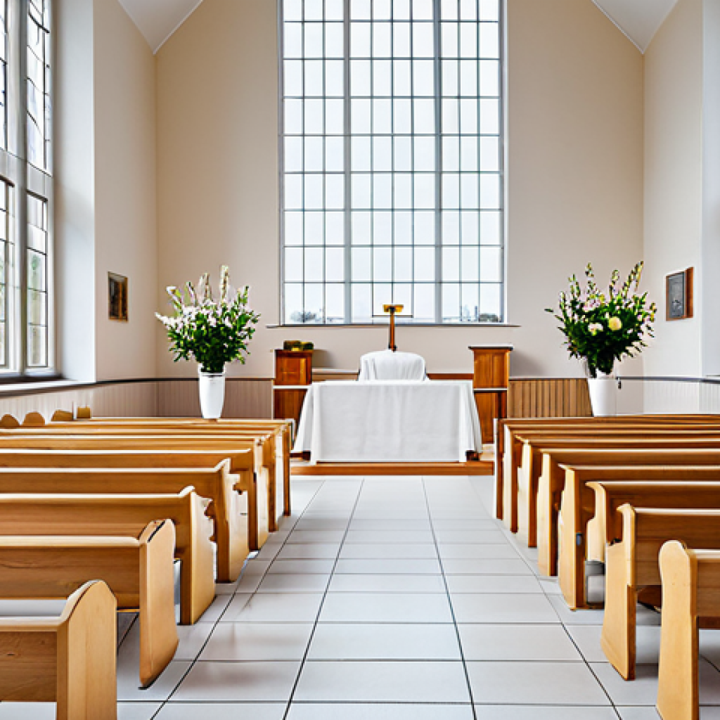 Modern Swedish Church Interior**
"A bright and airy modern church interior in Sweden, featuring minimalist design elements and natural light streaming through large windows, wooden pews, a simple altar adorned with flowers, fully clothed congregation members, appropriate attire, safe for work, perfect anatomy, natural proportions, professional photography, high quality, family-friendly, professional."
**