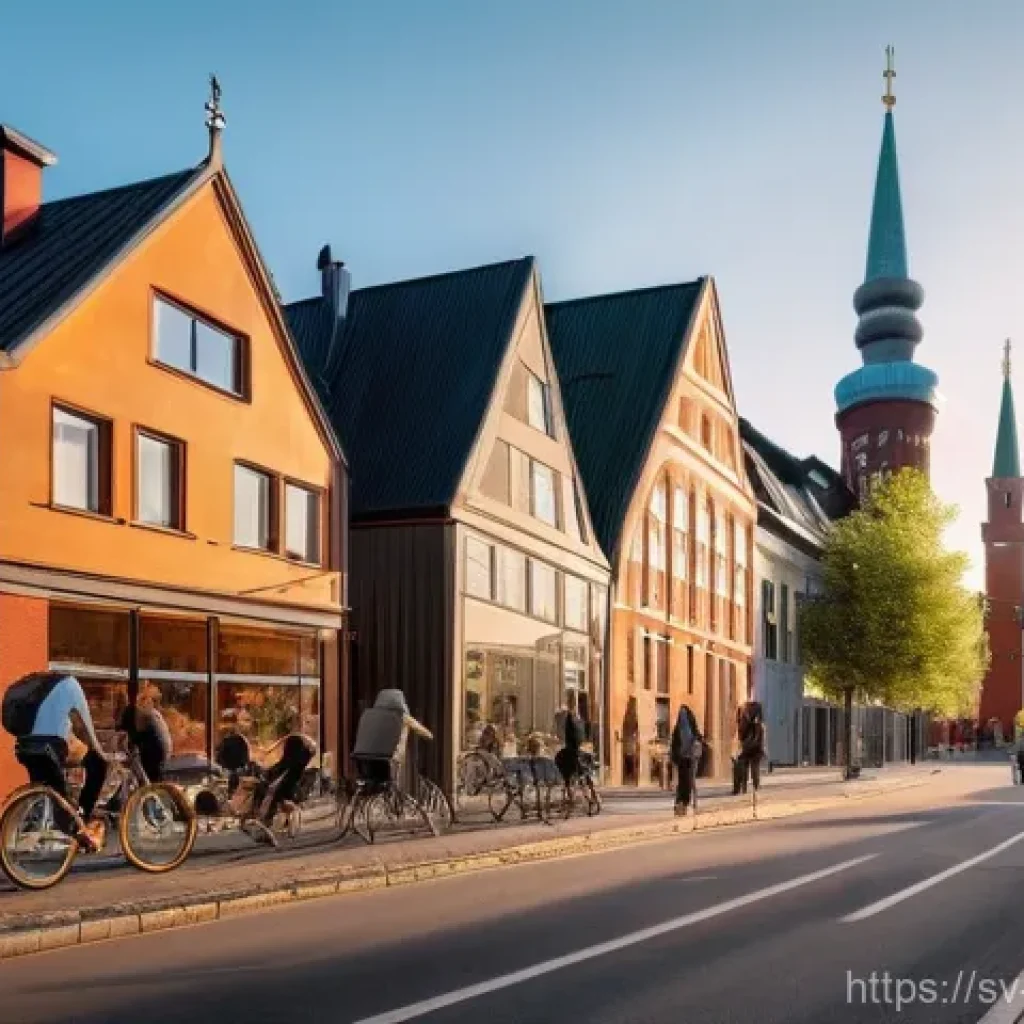 이슬람교와 기독교 - **Prompt:** "A vibrant, panoramic view of a modern Swedish city street at sunset. On one side, a cla...