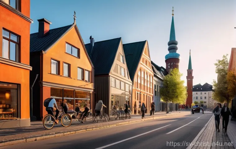 이슬람교와 기독교 - **Prompt:** "A vibrant, panoramic view of a modern Swedish city street at sunset. On one side, a cla...