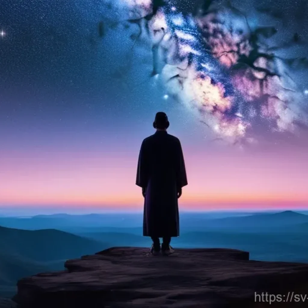 기독교와 우주론 - **Cosmic Contemplation:** A lone figure, of indeterminate gender, stands on a smooth, slightly eleva...
