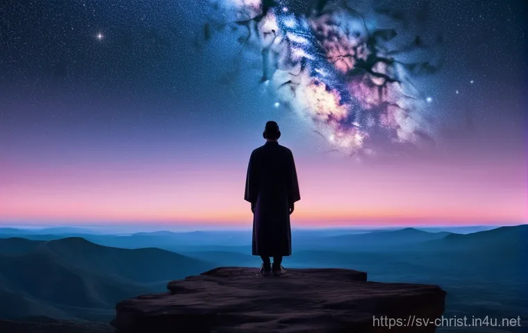 기독교와 우주론 - **Cosmic Contemplation:** A lone figure, of indeterminate gender, stands on a smooth, slightly eleva...