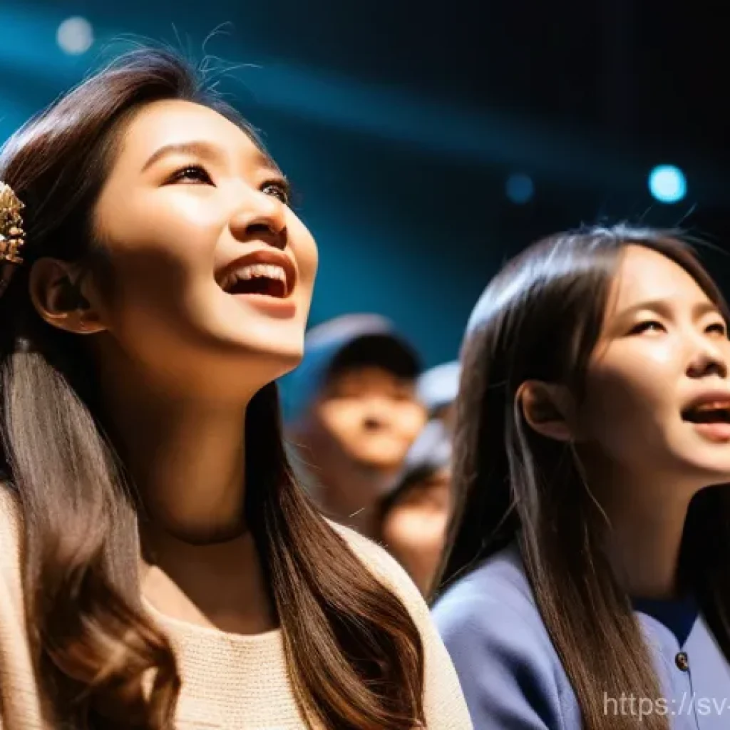 한국의 대형 교회와 성장 - **A vibrant and uplifting worship service in a modern South Korean megachurch.** The vast hall is fi...