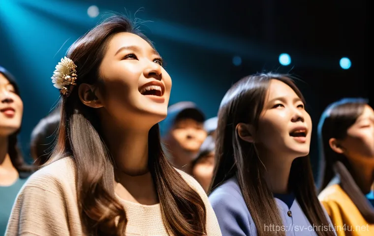한국의 대형 교회와 성장 - **A vibrant and uplifting worship service in a modern South Korean megachurch.** The vast hall is fi...