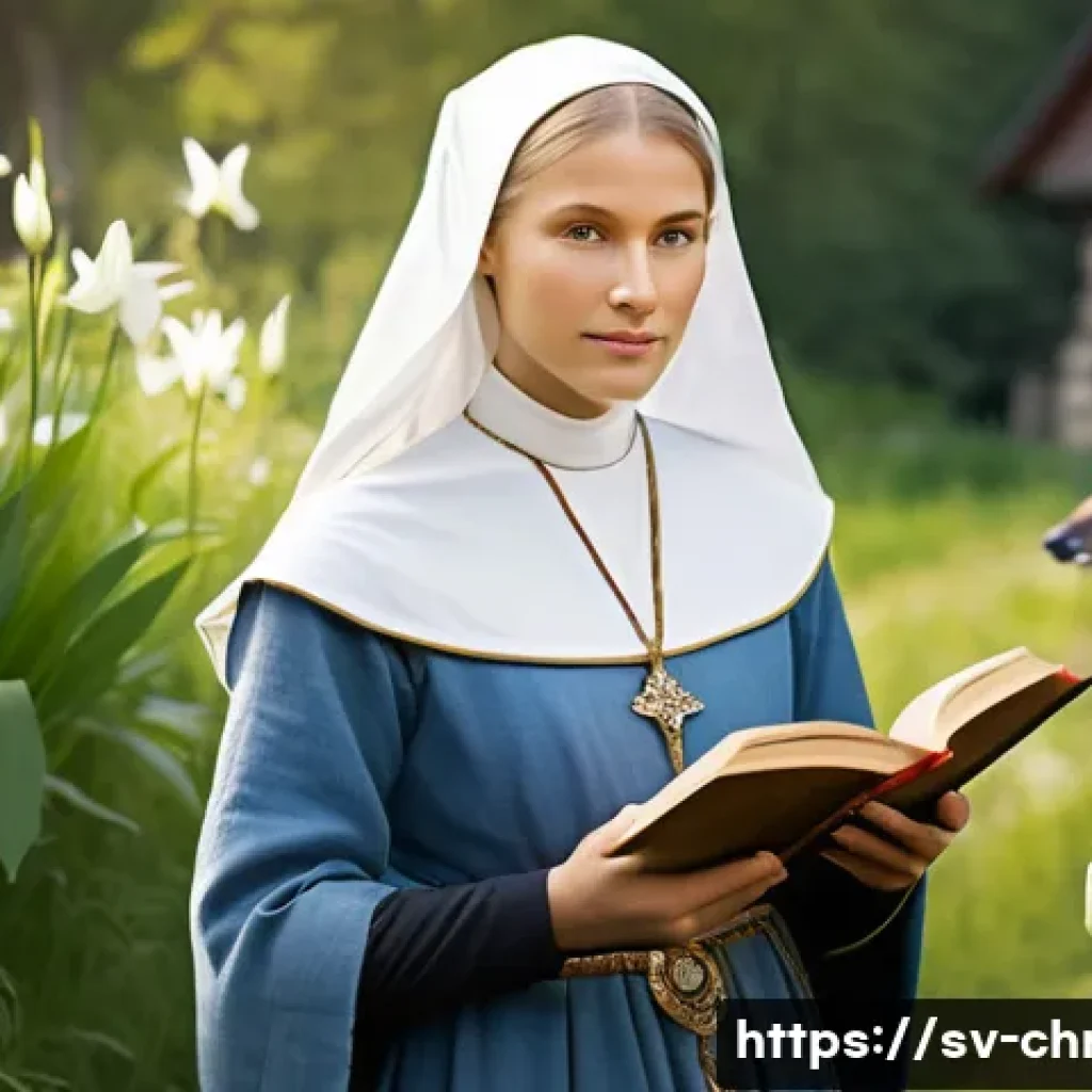 기독교의 성인 전통 - A serene depiction of Saint Birgitta as a compassionate role model in everyday life, portrayed as a ...