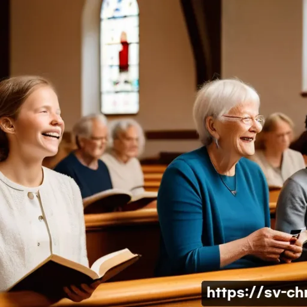 기독교 음악과 찬송가 - A warm and inviting Scandinavian church interior during a Sunday service, with a diverse congregatio...