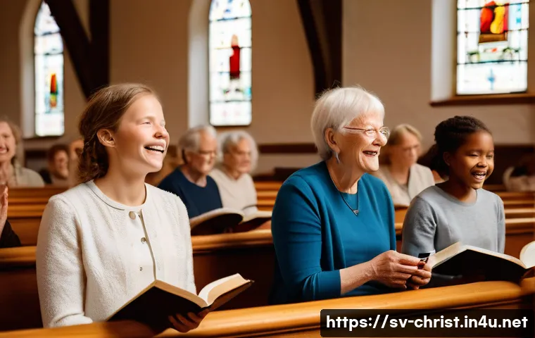 기독교 음악과 찬송가 - A warm and inviting Scandinavian church interior during a Sunday service, with a diverse congregatio...