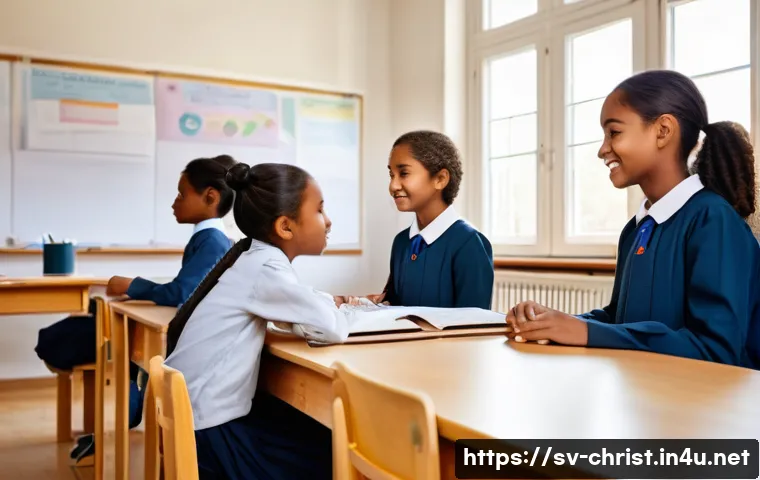 기독교와 미션 스쿨 - A bright and welcoming classroom scene in a Swedish missionary school, featuring diverse students ag...
