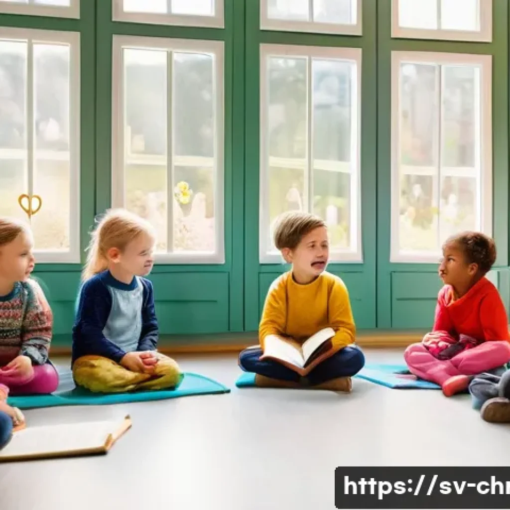 기독교 어린이 교육 - A warm, inviting classroom scene in a Swedish preschool where diverse children aged around 6-8, wear...