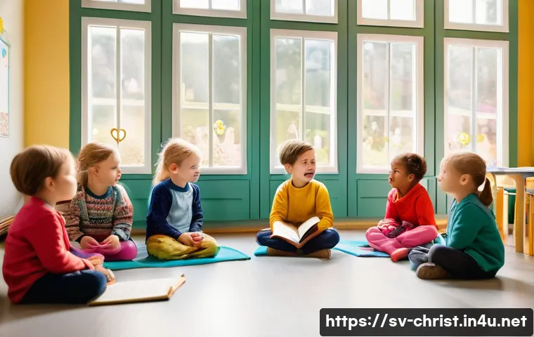 기독교 어린이 교육 - A warm, inviting classroom scene in a Swedish preschool where diverse children aged around 6-8, wear...