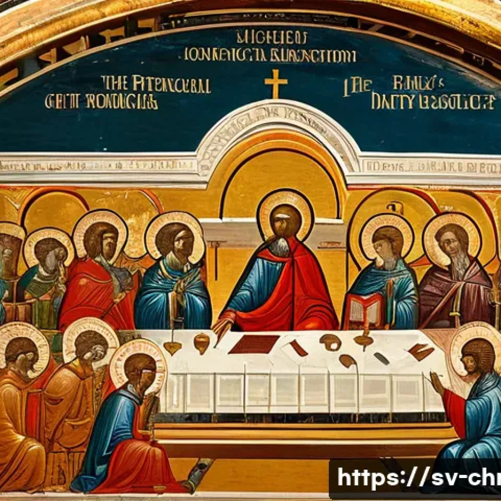 종교회의와 교리 발전 - A detailed scene of the First Council of Nicaea in 325 AD, showing a diverse group of early Christia...