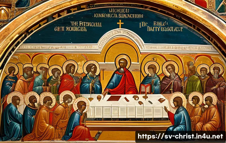 종교회의와 교리 발전 - A detailed scene of the First Council of Nicaea in 325 AD, showing a diverse group of early Christia...
