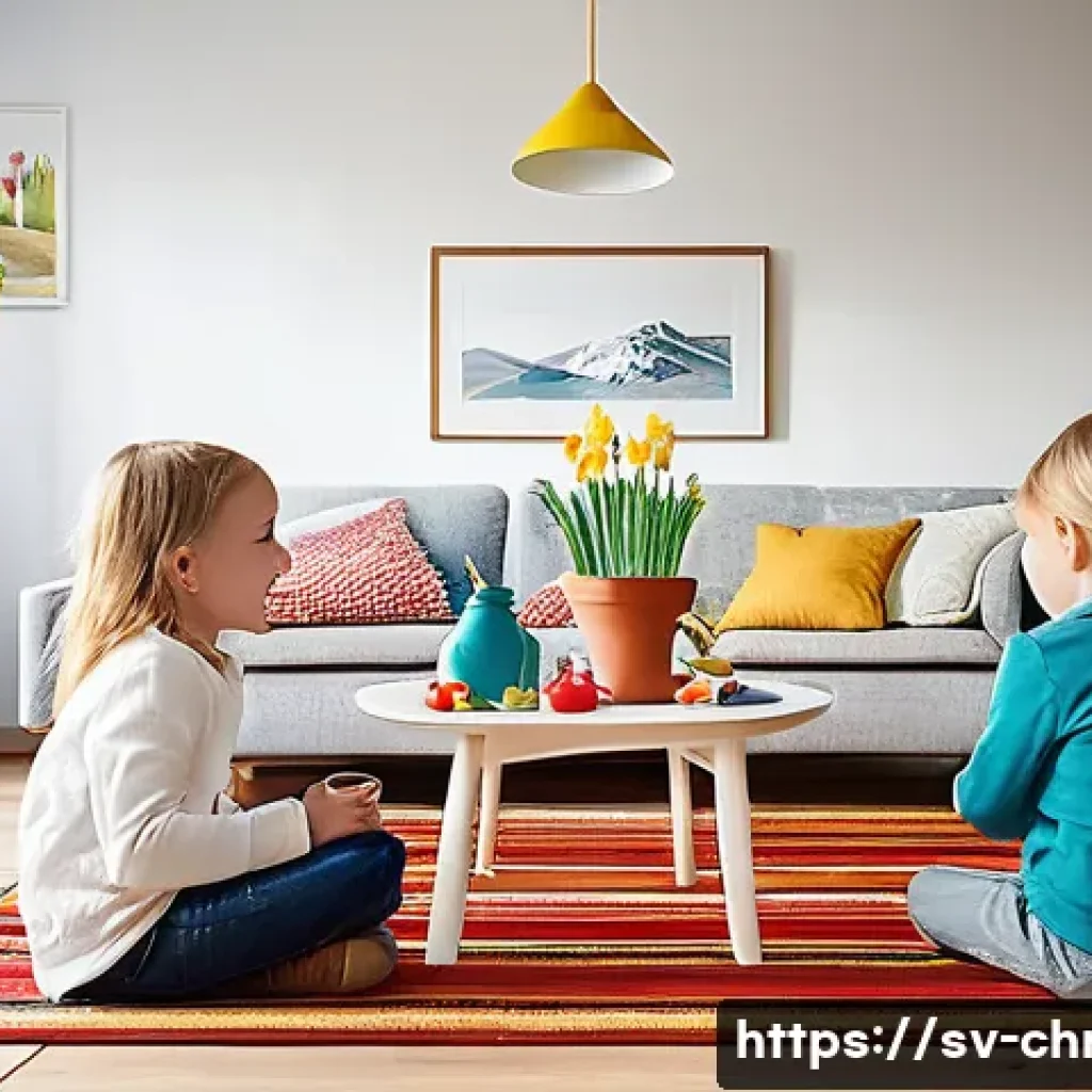기독교의 부활절 - A cozy Swedish family scene during Easter, featuring children happily decorating traditional birch t...