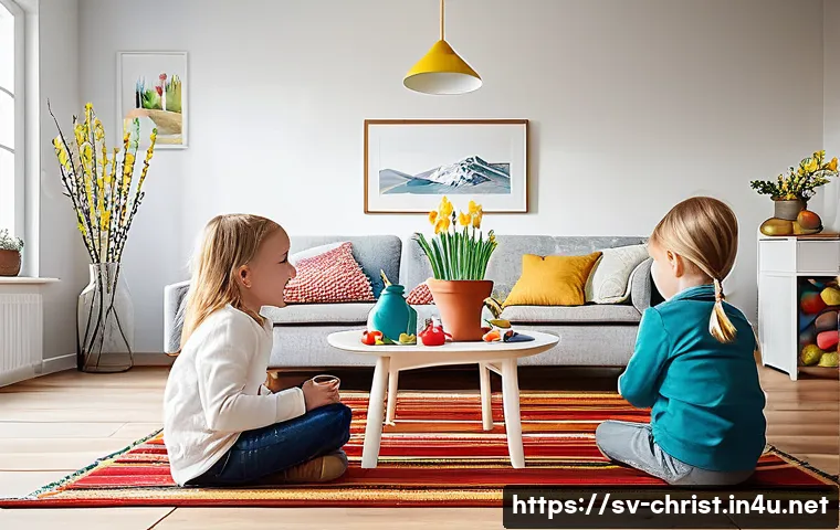 기독교의 부활절 - A cozy Swedish family scene during Easter, featuring children happily decorating traditional birch t...