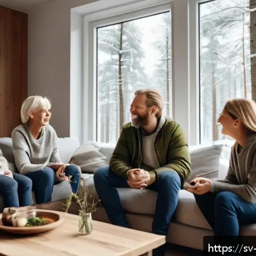 기독교적 인간관 - A serene Scandinavian family scene set in a cozy modern Swedish living room, showing diverse family ...