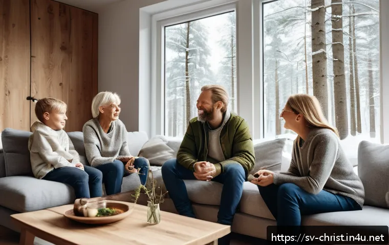 기독교적 인간관 - A serene Scandinavian family scene set in a cozy modern Swedish living room, showing diverse family ...