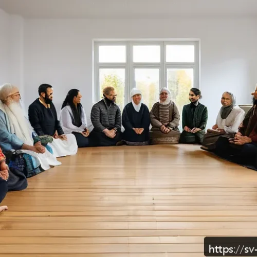 Home 33 기독교와 타종교 간 대화 - A peaceful interfaith gathering in a modern Swedish community center, featuring diverse people repre...