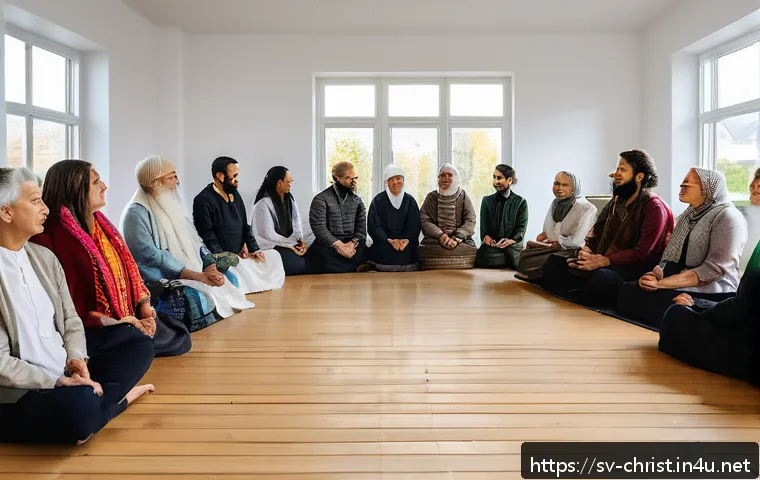 기독교와 타종교 간 대화 - A peaceful interfaith gathering in a modern Swedish community center, featuring diverse people repre...