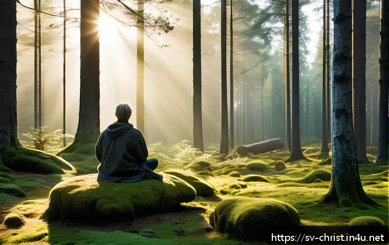 기독교의 은사주의 - A serene Nordic forest scene at dawn with soft mist rising among tall pine trees, a solitary person ...
