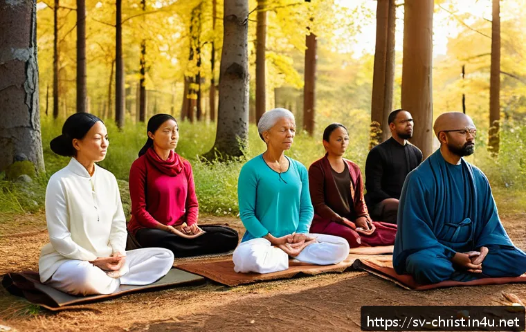 기독교와 불교의 만남 - A serene outdoor scene depicting a diverse group of people engaging in a shared spiritual meditation...