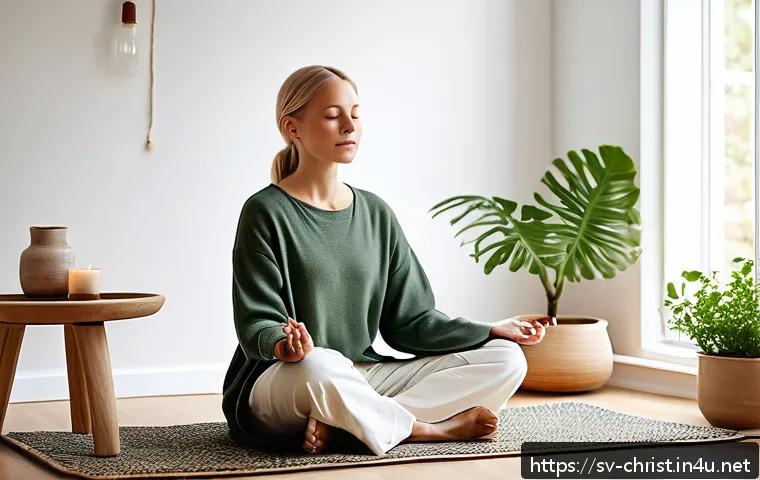 기독교와 자기 계발 - A serene Scandinavian living room bathed in soft natural light from large windows, featuring a young...