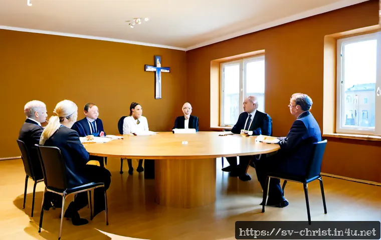 Home 17 기독교와 국제 외교 - Photorealistic diplomatic meeting in a bright Stockholm conference room, a Swedish Christian clergy ...