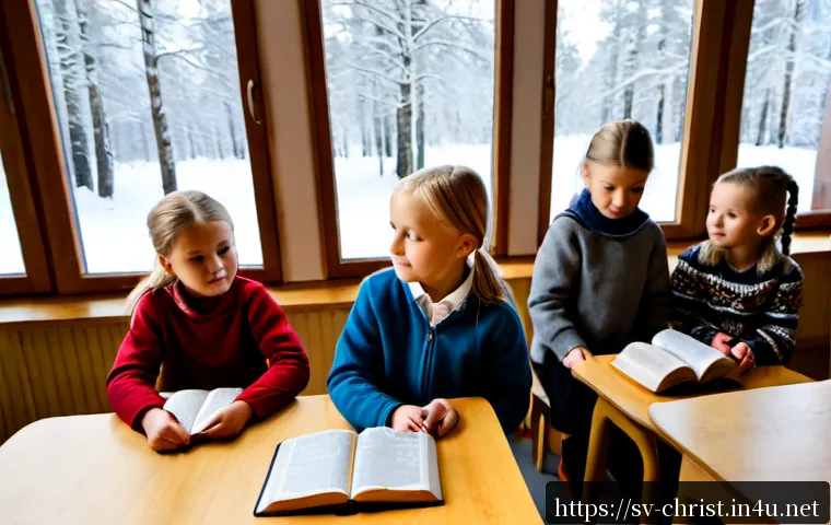Home 17 기독교와 교육 - Photorealistic Swedish primary school classroom during a calm Christian education lesson, kind teach...