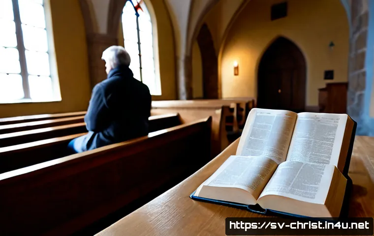 Home 17 기독교와 철학적 탐구 - Photorealistic contemplative scene inside a historic Swedish Lutheran stone church, a thoughtful mid...